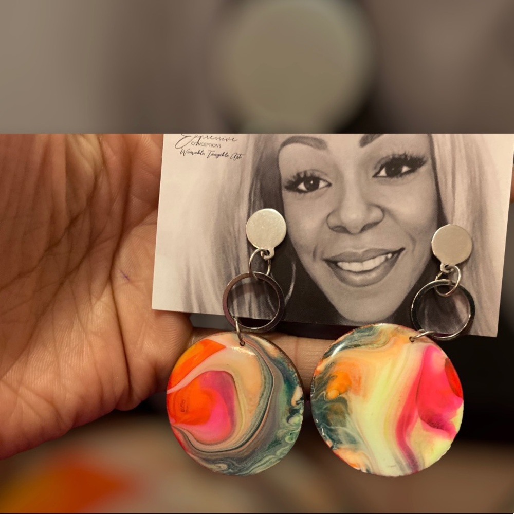 NWOT handcrafted marbled resin and wood earrings with stainless steel accents.